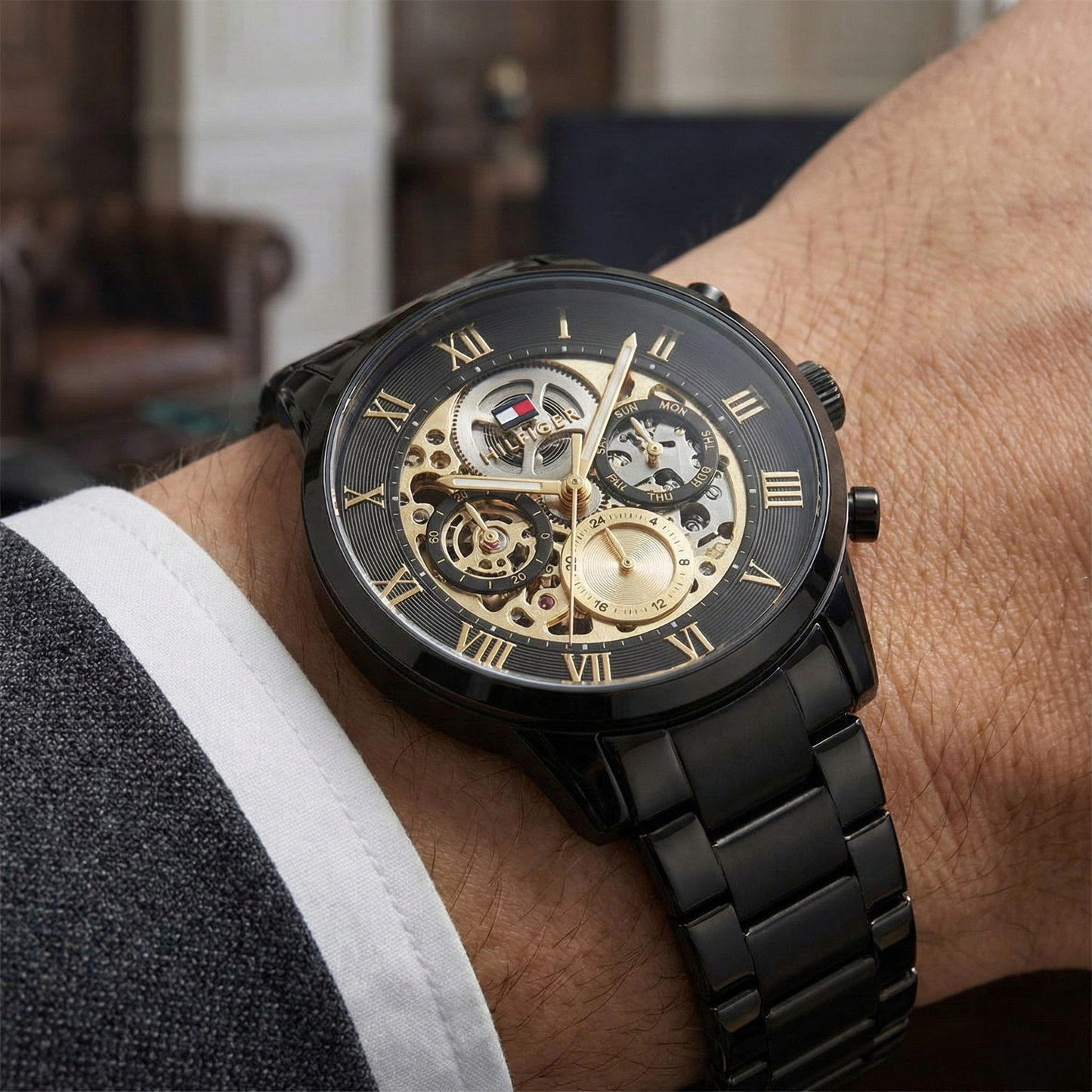 Tommy Hilfiger 1710706 Men’s Multi-Function Watch – Black & Gold Dial with Black Stainless-Steel Bracelet