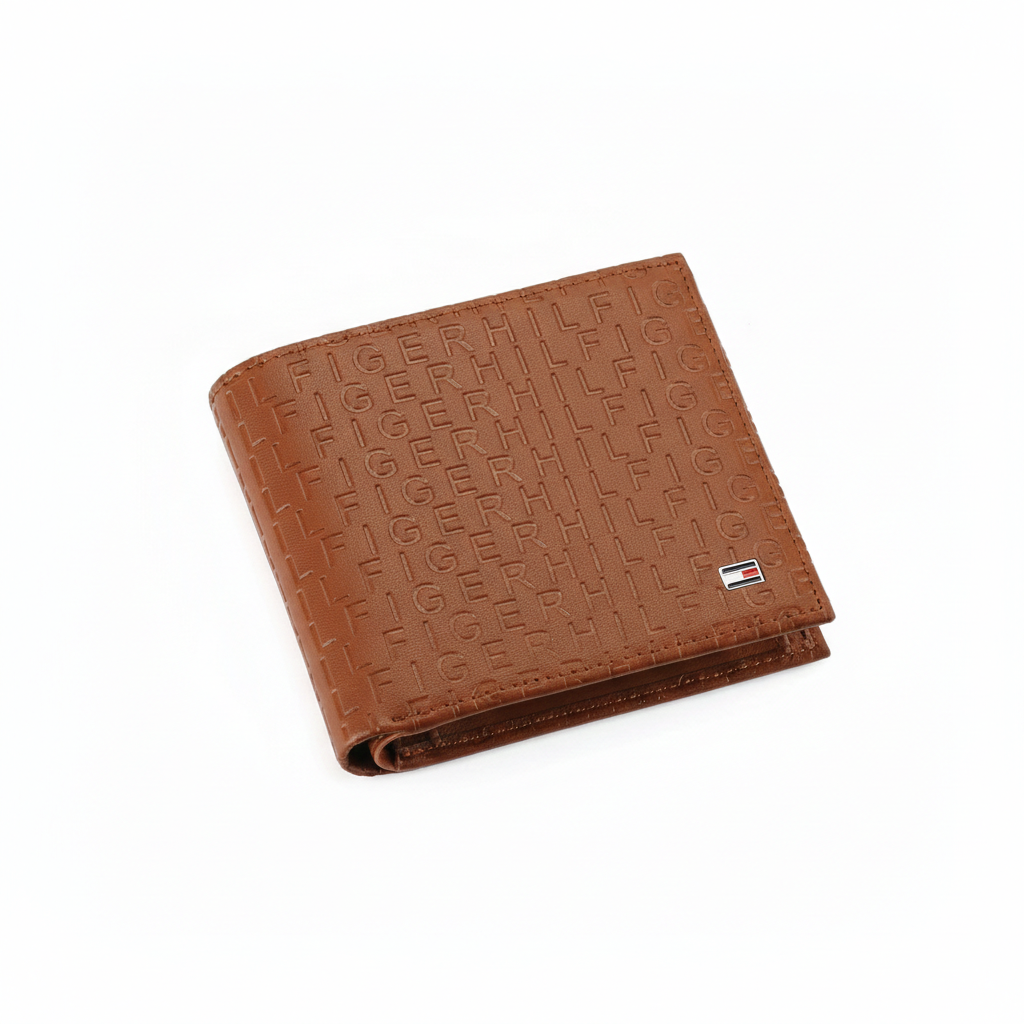 Tommy Hilfiger Men's Authentic Camel Tan Genuine Leather Bifold Wallet with All-over Embossed Logo