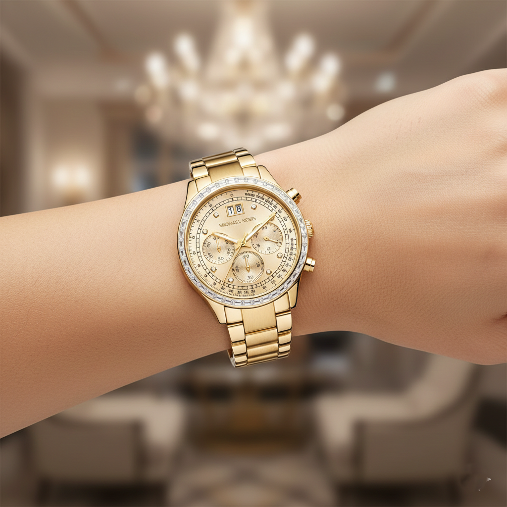 Michael Kors Brinkley MK6187 Women’s Gold Dial Gold-Tone Chronograph Watch - Luxury Hub Store