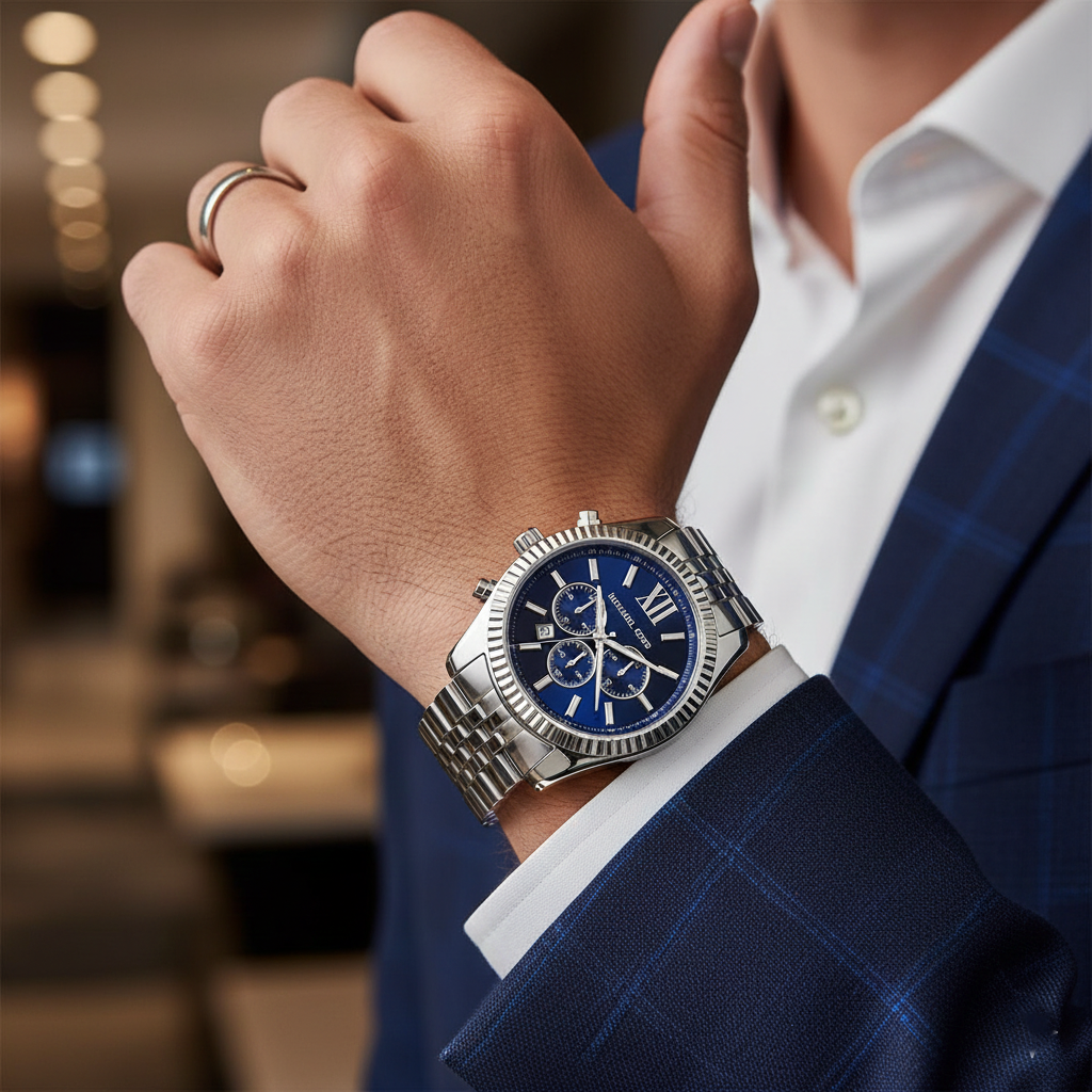 Michael Kors MK8280 Men’s Blue Dial Silver Stainless Steel Lexington Chronograph Watch - Luxury Hub Store