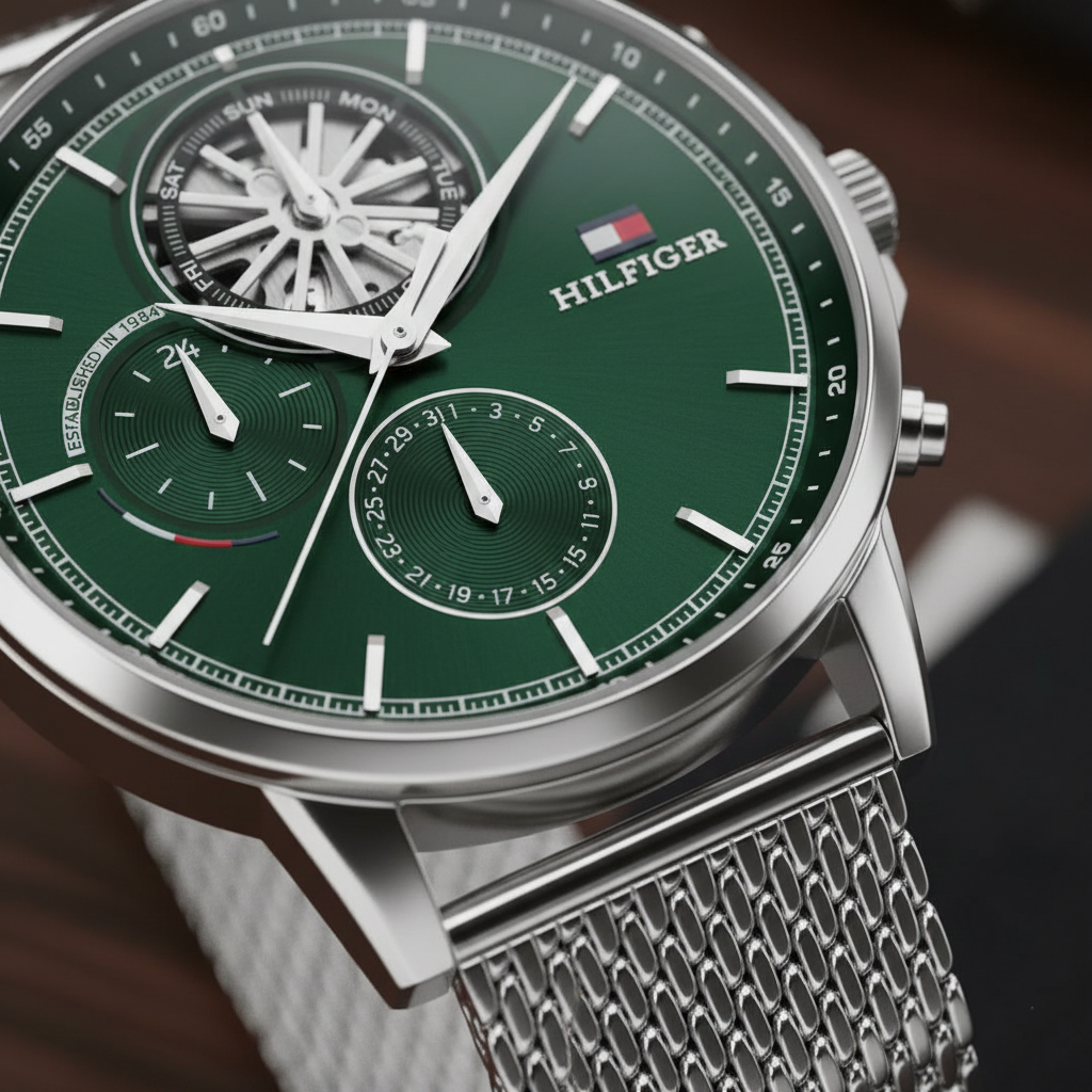 Tommy Hilfiger Men's Multi-Function Watch – Model 1710608 – Silver Mesh Strap – Green Dial