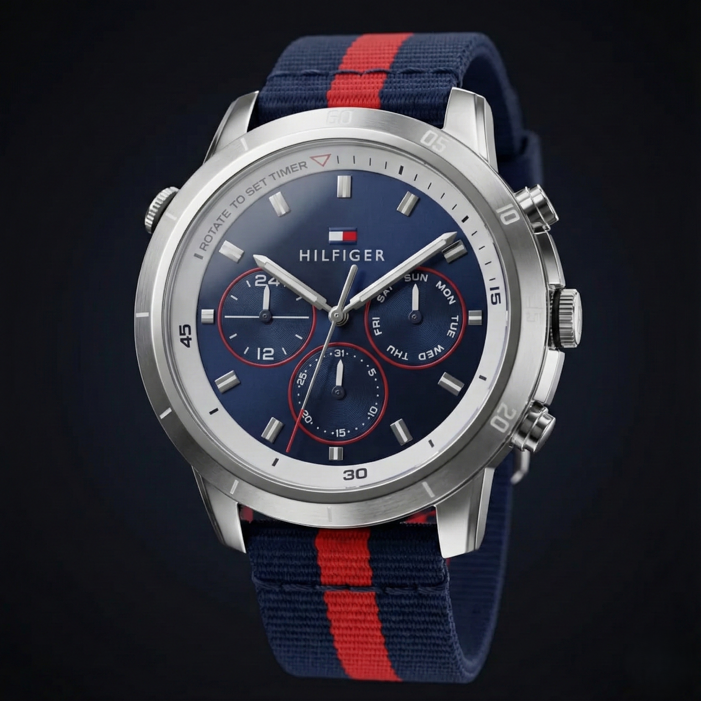 Tommy Hilfiger 1792124 Men’s Chronograph Watch – Blue Dial & Navy-Red Fabric Strap