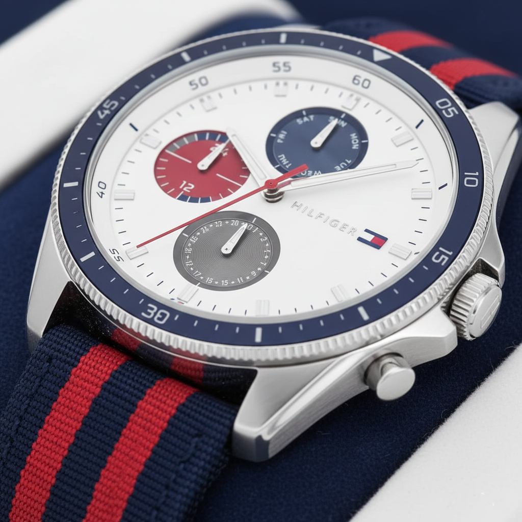 Tommy Hilfiger Men's Multi-Function Watch – Model 1792035 – White Dial with Navy & Red Fabric Strap