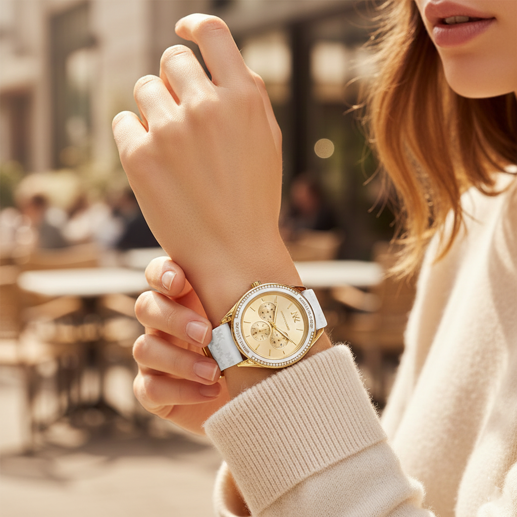 Michael Kors Jessa MK7267 Women’s Gold Dial White Leather Multi-Function Watch