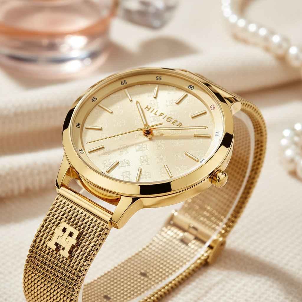 Tommy Hilfiger Women’s Gold Monogram Mesh Watch – Model 1782588