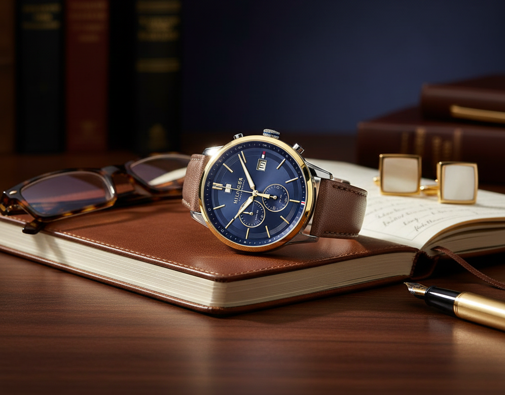 Tommy Hilfiger Kyle 1791980 Men’s Multi-Function Blue Dial Brown Leather Watch