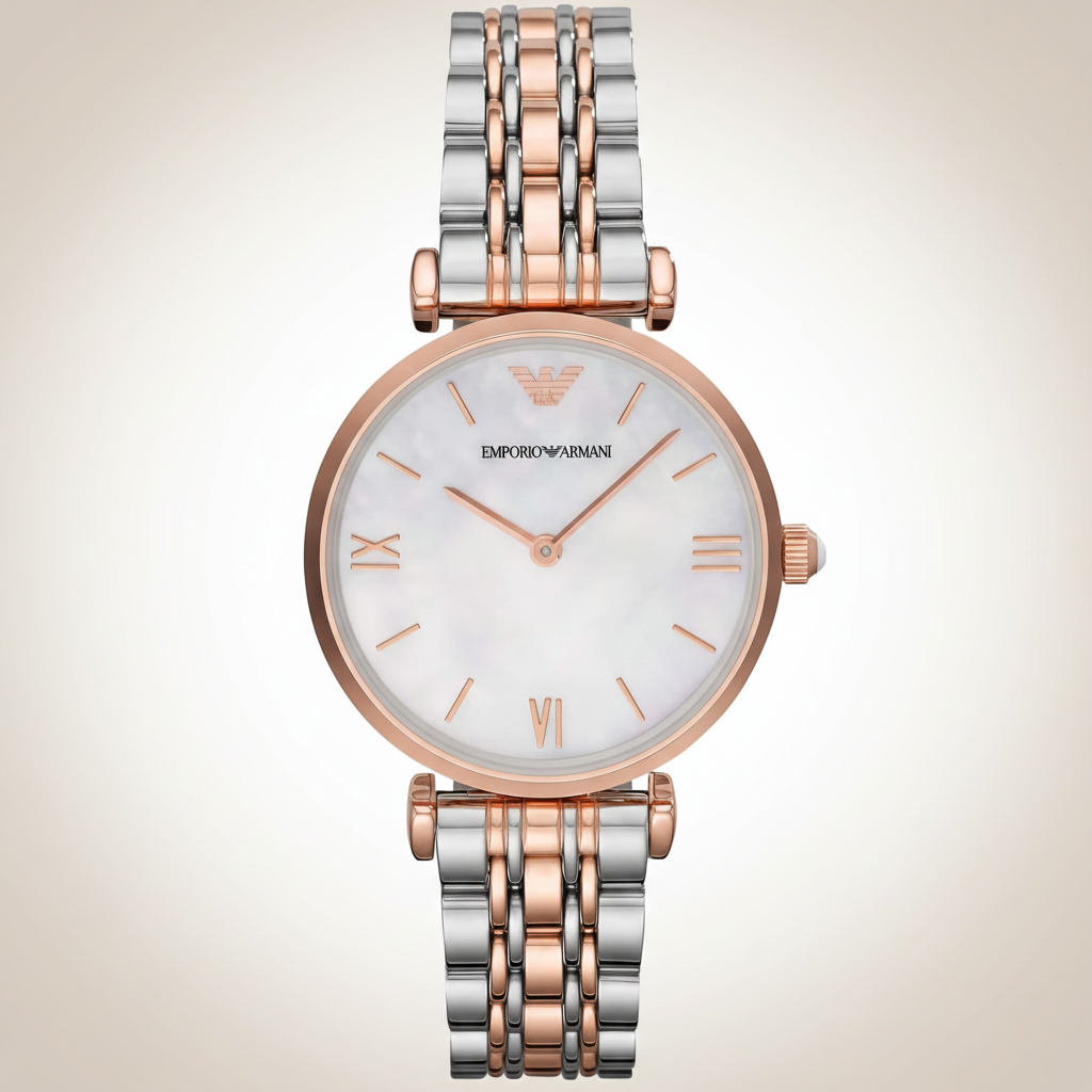 Emporio Armani AR1683 Women’s Mother of Pearl Dial Two-Tone Stainless Steel Gianni T-Bar Watch - Luxury Hub Store