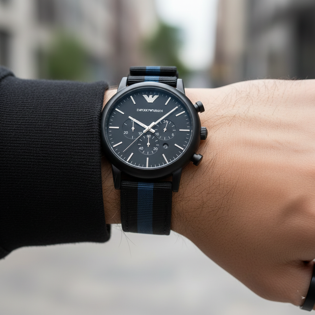 Lifestyle macro of Armani AR1948 watch showing nylon strap texture and shirt cuff