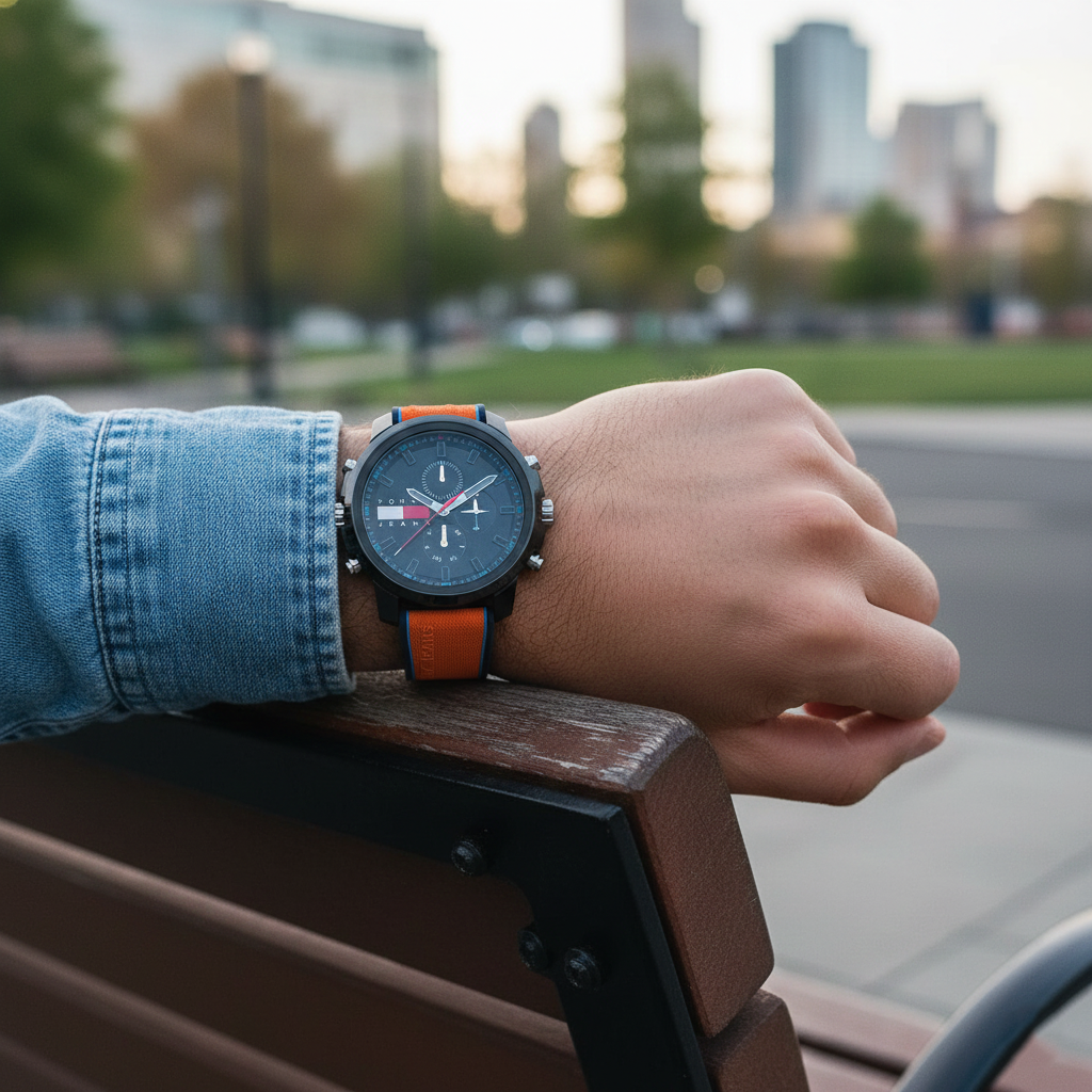 Tommy Jeans Sport Men's Watch 1710583 – Black Dial – Orange Silicone Strap