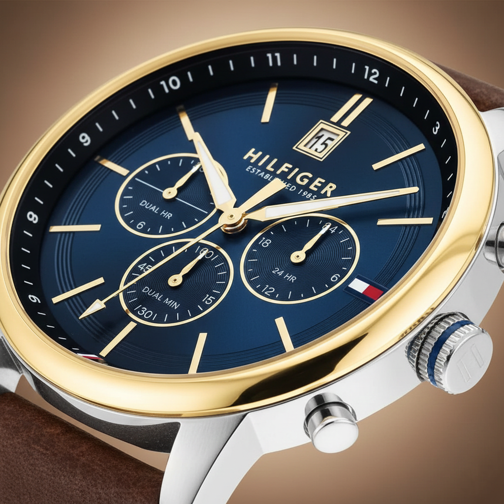 Tommy Hilfiger Kyle 1791980 Men’s Multi-Function Blue Dial Brown Leather Watch