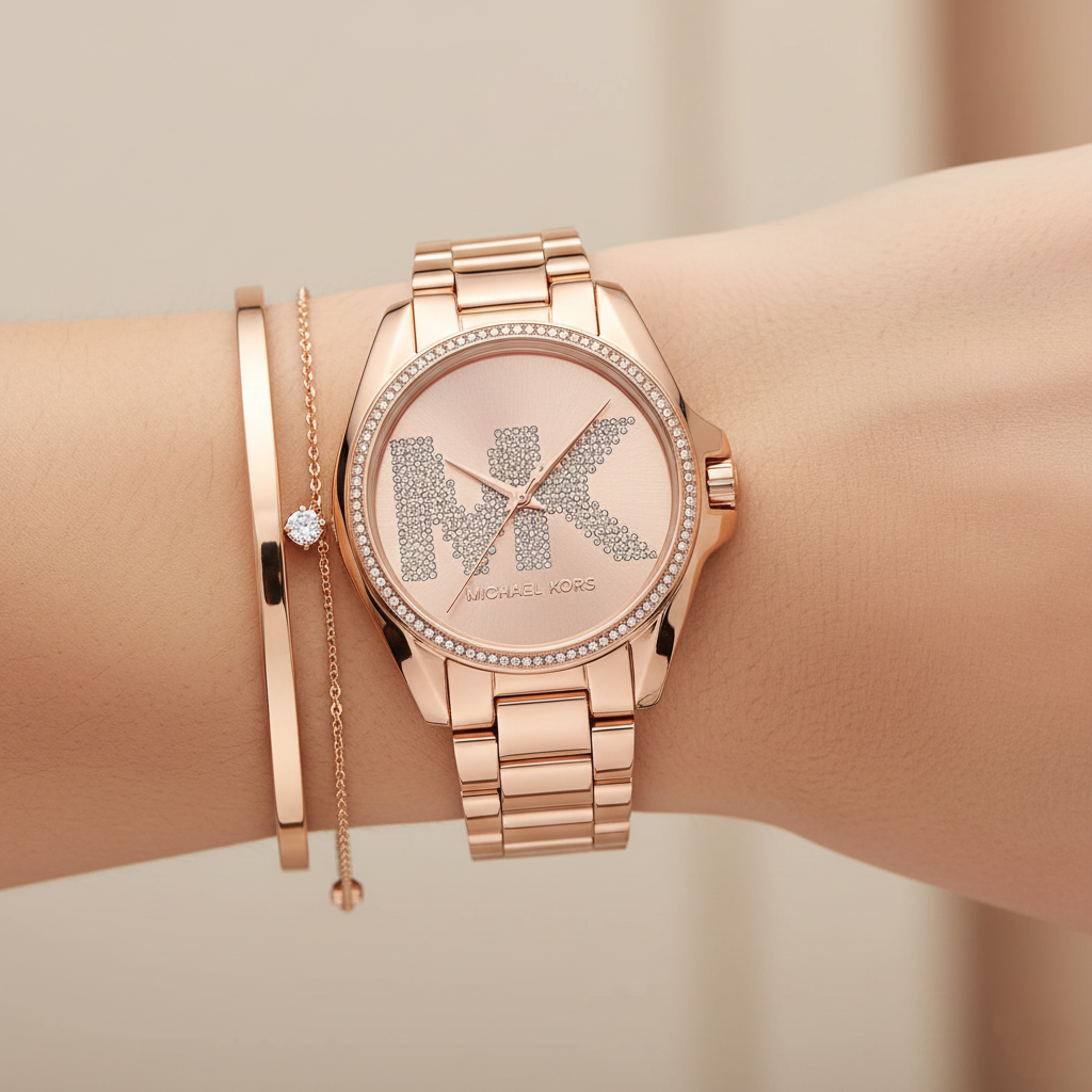 Michael Kors MK6556 Women’s Rose Gold Dial Rose Gold Stainless Steel Crystal Logo Watch - Luxury Hub Store