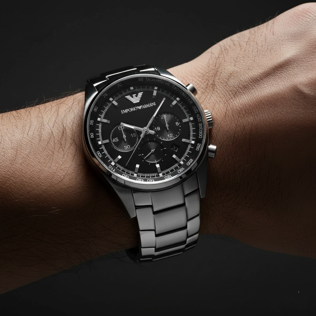 Emporio Armani AR5980 Men’s Black Dial Stainless Steel Tazio Large Chronograph Watch - Luxury Hub Store