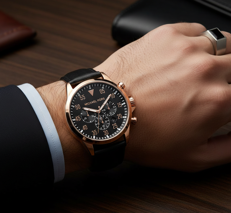 Michael Kors MK8535 Men’s Black Dial Rose Gold Stainless Steel Gage Chronograph Watch - Luxury Hub Store