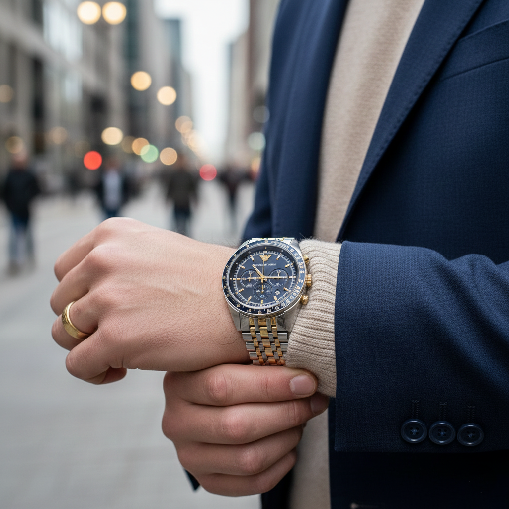 Emporio Armani AR6088 Men’s Blue Dial Two-Tone Stainless Steel Chronograph Watch - Luxury Hub Store