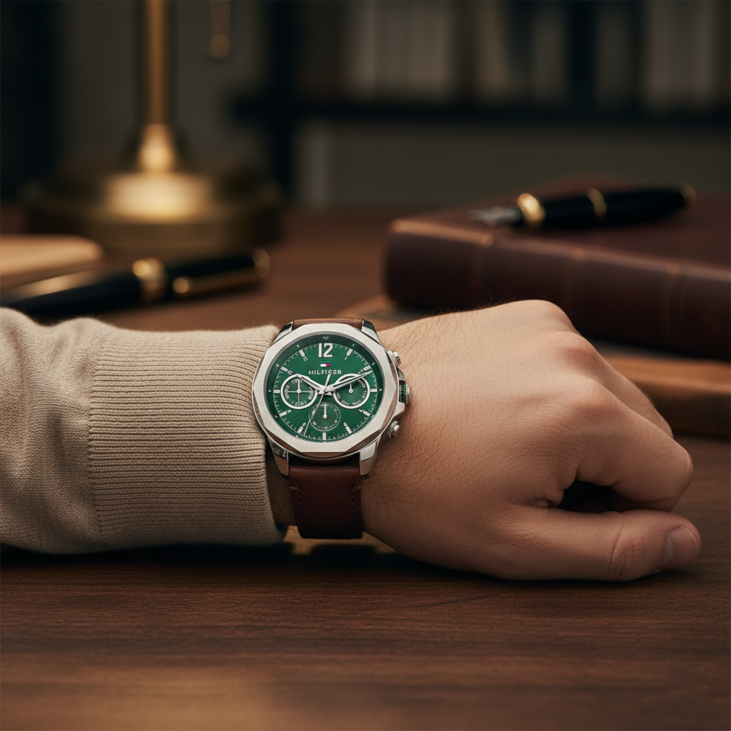 Tommy Hilfiger Men's Multi-Function Watch – Model 1792064 – Green Dial – Brown Leather Strap