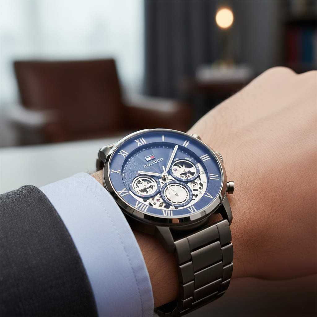 Tommy Hilfiger 1710569 Men’s Multi-Function Watch – Blue Skeleton Dial & Gunmetal Stainless-Steel Bracelet