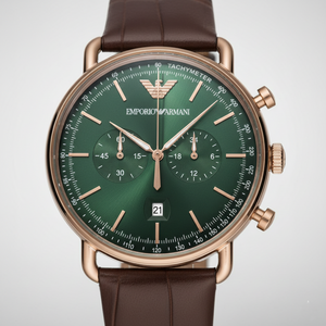 Emporio Armani AR11334 Men’s Green Dial Brown Leather Aviator Chronograph Watch - Luxury Hub Store