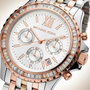 Michael Kors MK5876 Women’s Tri-Tone Baguette Bezel Chronograph Watch - Luxury Hub Store
