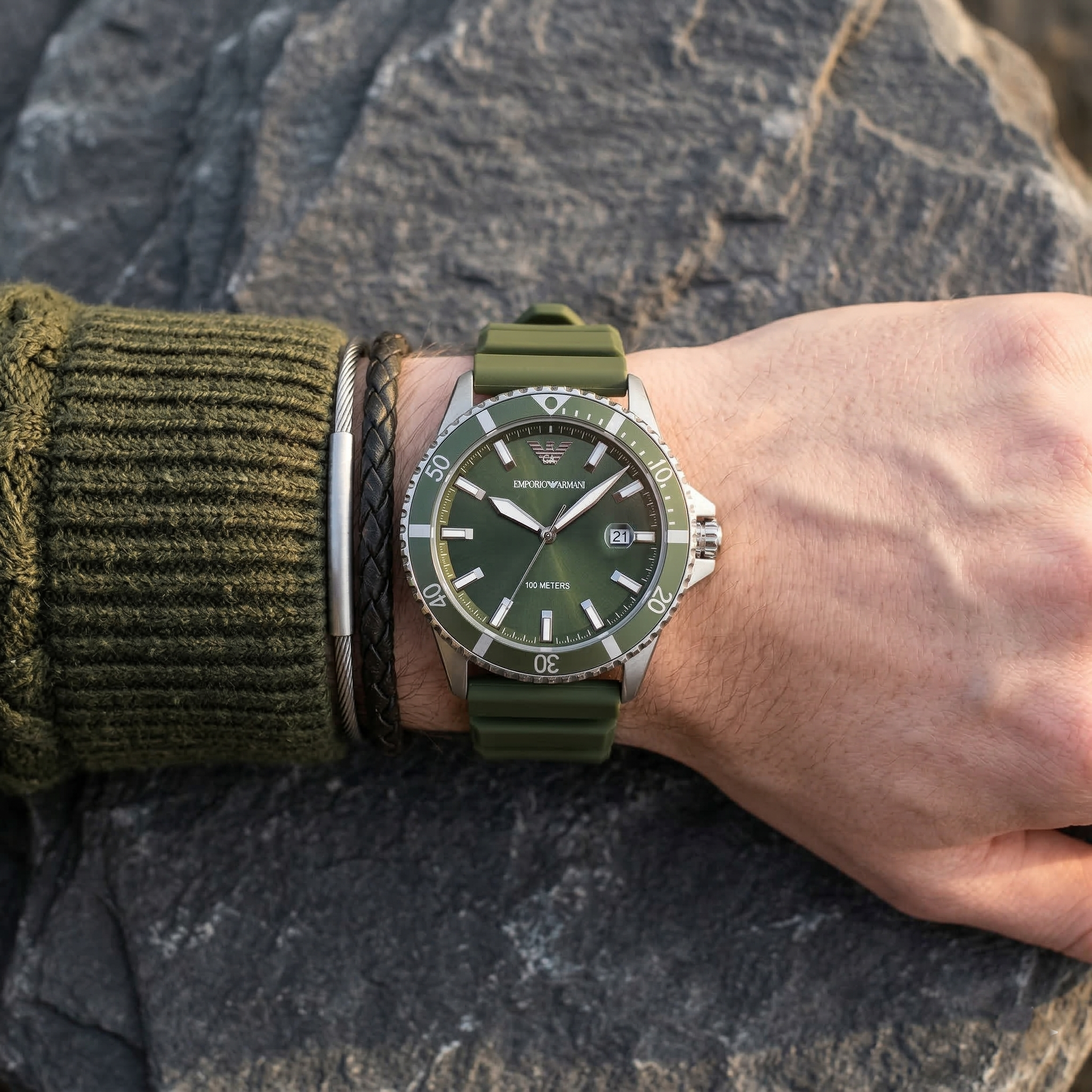 Emporio Armani World Explorer AR11638 Silver-Tone Green Dial Rubber Men's Watch