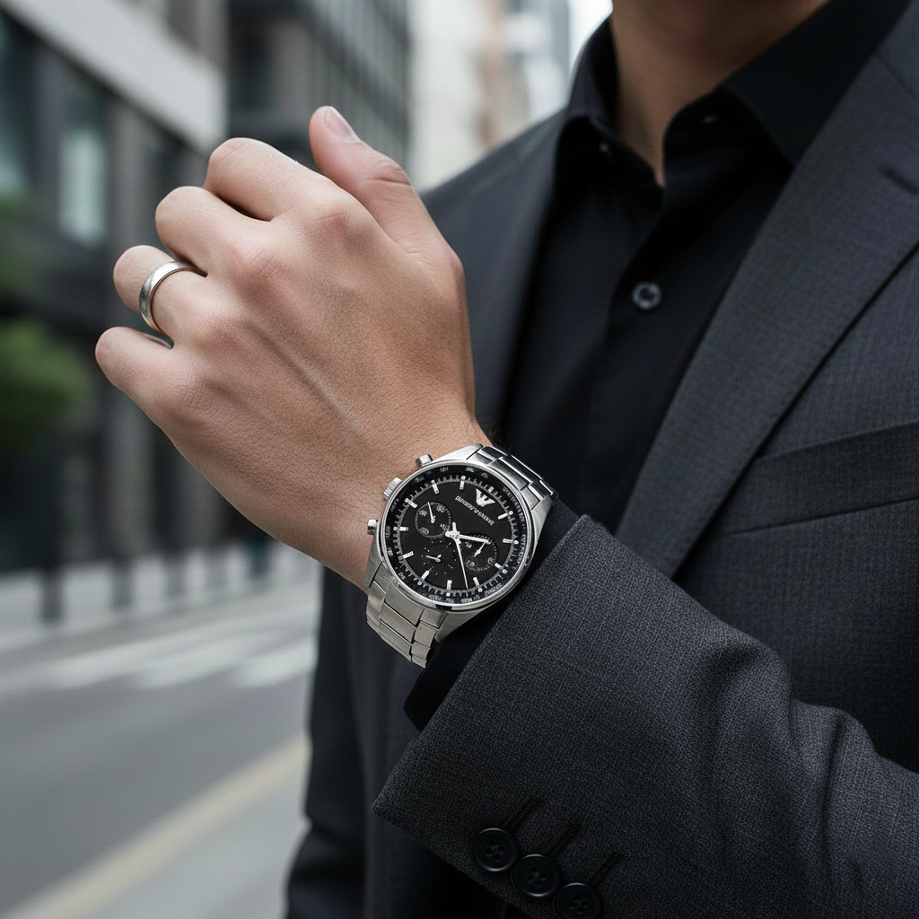 Emporio Armani AR5980 Men’s Black Dial Stainless Steel Tazio Large Chronograph Watch - Luxury Hub Store