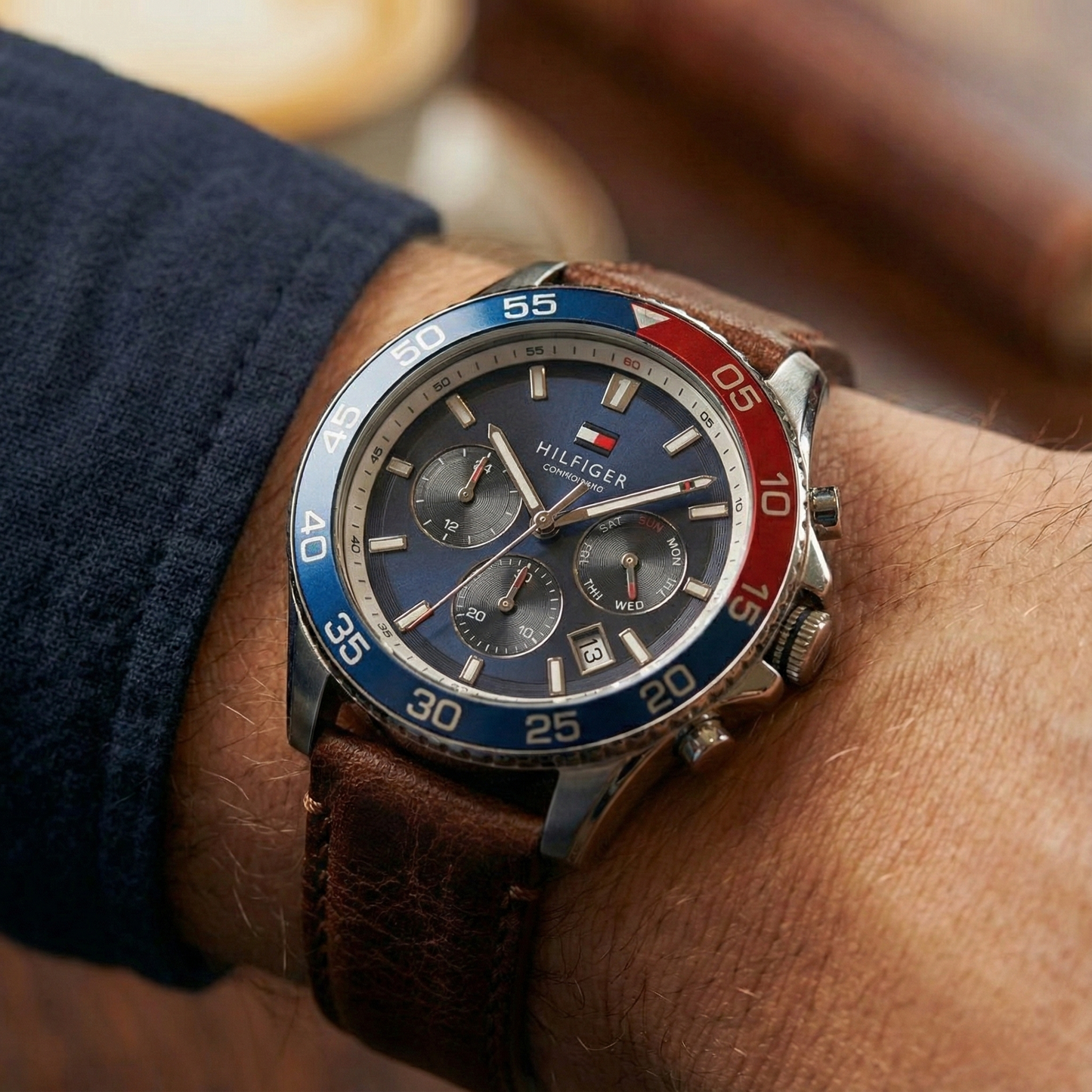 Tommy Hilfiger 1792166 Men’s Chronograph Watch – Black Dial, Pepsi Bezel & Brown Leather Strap