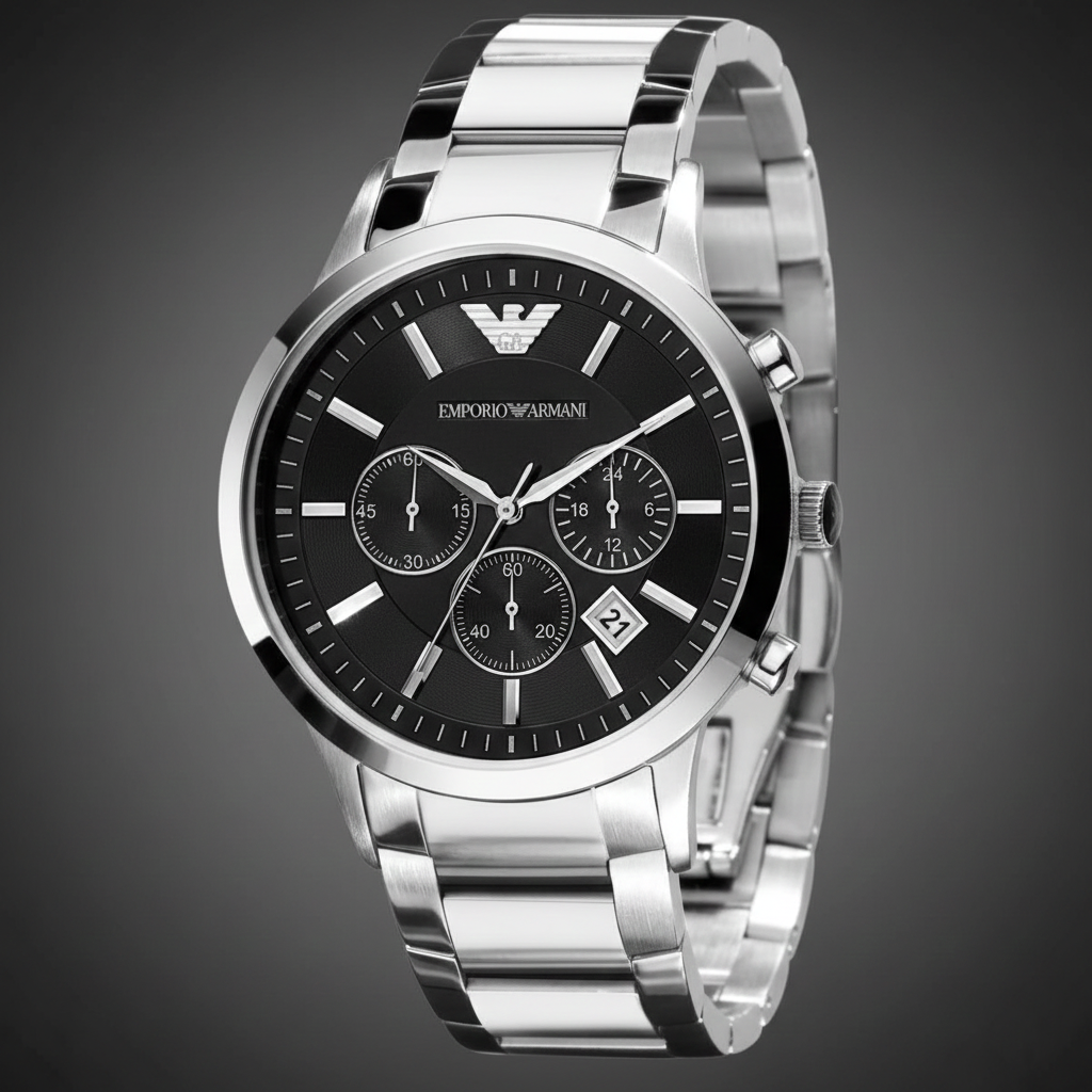 Emporio Armani AR2434 Men’s Black Dial Stainless Steel Renato Watch - Luxury Hub Store