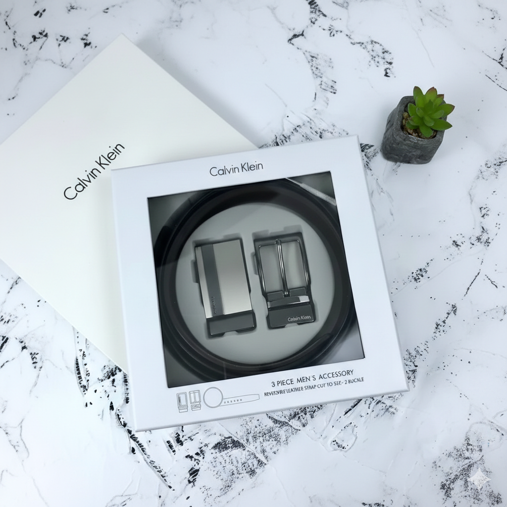 طقم هدايا حزام رجالي من كالفن كلاين | حزام قابل للعكس مكون من 3 قطع (أسود/بني) مع مشبك سقاطة ومشبك شوكة