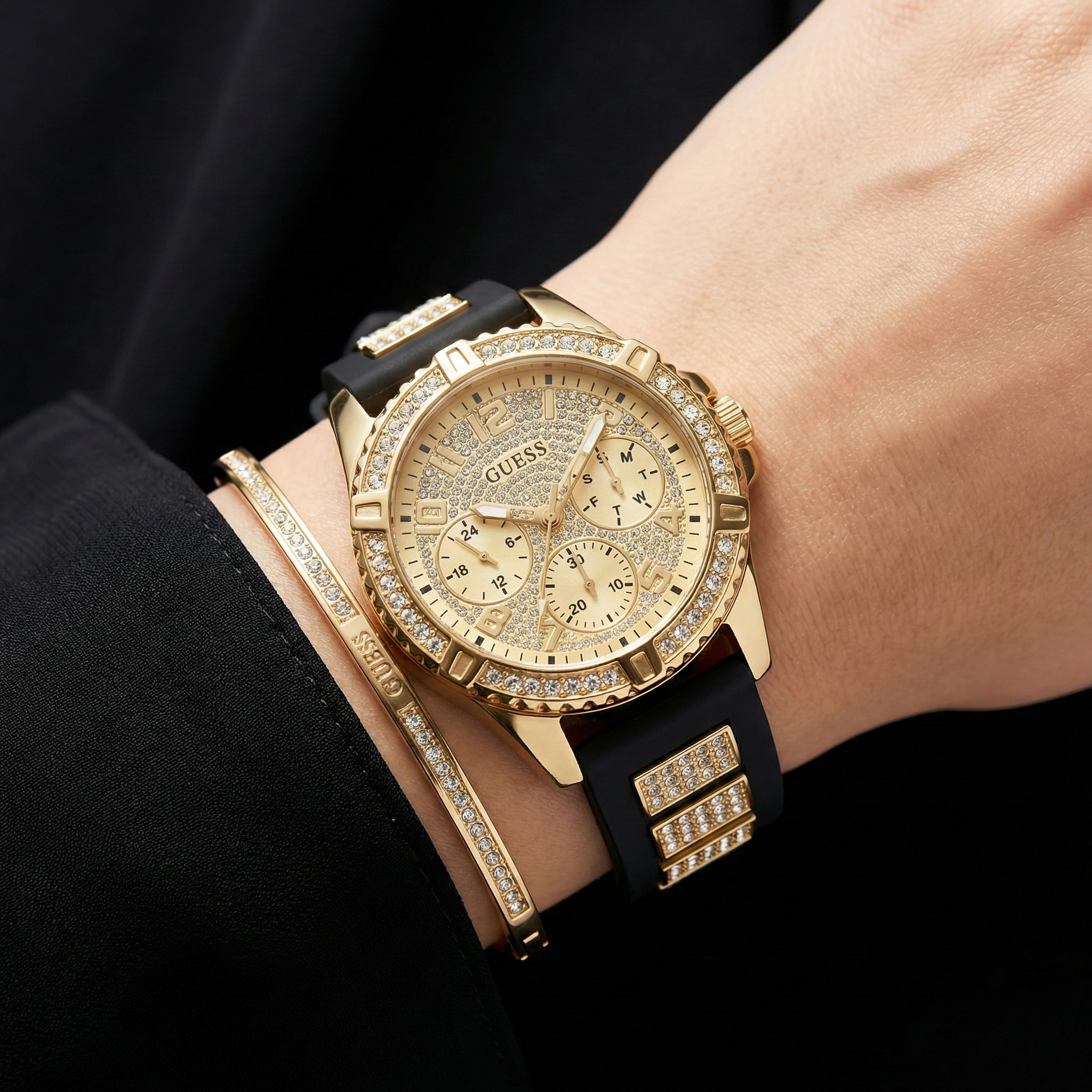 Close-up of Guess W1160L1 showing the sparkling crystal bezel and glitz dial