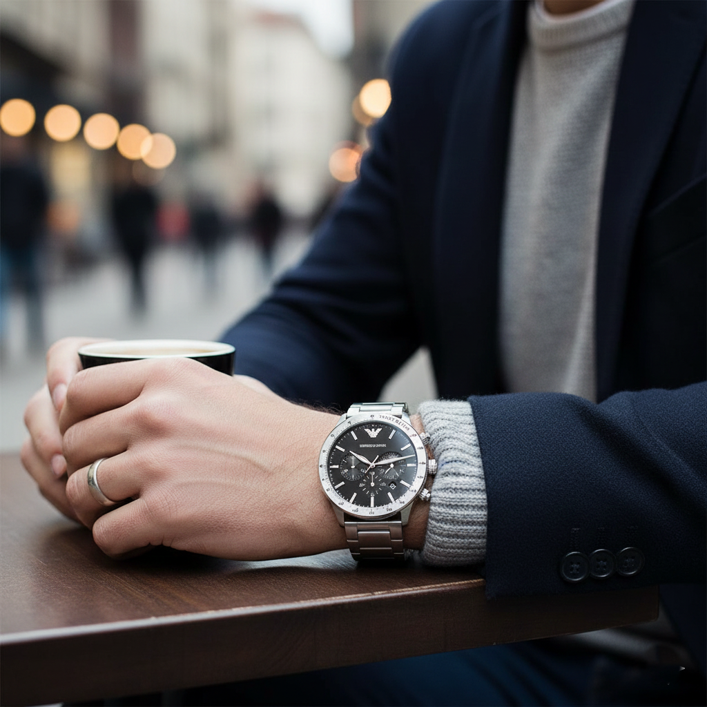 Emporio Armani AR11241 Men’s Black Dial Silver Stainless Steel Chronograph Watch - Luxury Hub Store