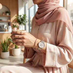 Hijabi model wearing Emporio Armani AR11537 Gianni T-Bar luxury watch lifestyle