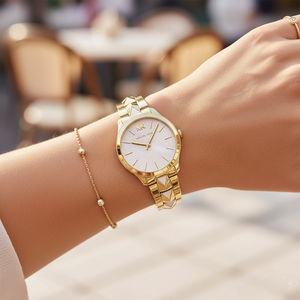 Michael Kors Runway MK6689 Women’s Gold Mother-of-Pearl Dial Pyramid-Link Bracelet Watch - Luxury Hub Store