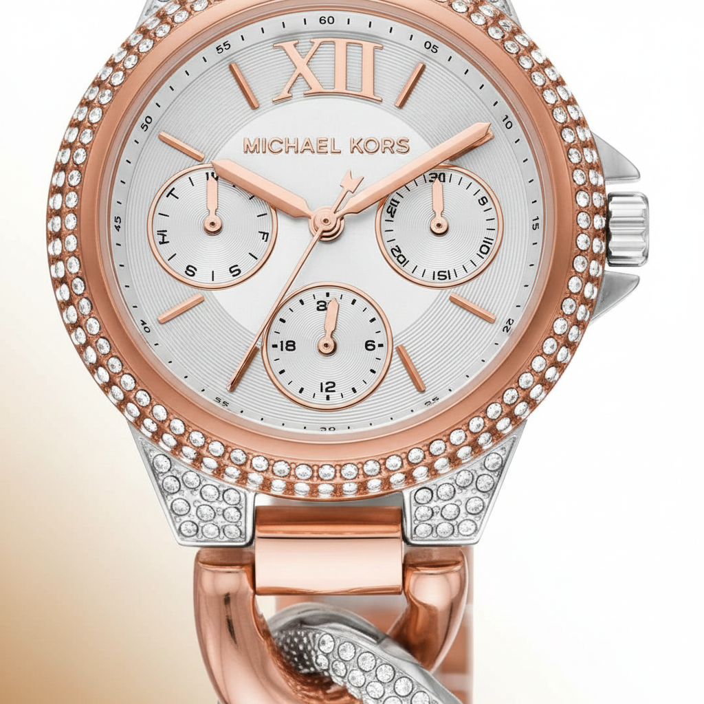 Michael Kors MK6843 Women’s Rose Gold & Silver Mini Camille Crystal Chain-Link Watch - Luxury Hub Store