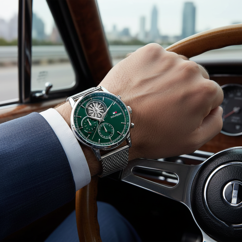 Tommy Hilfiger Men's Multi-Function Watch – Model 1710608 – Silver Mesh Strap – Green Dial