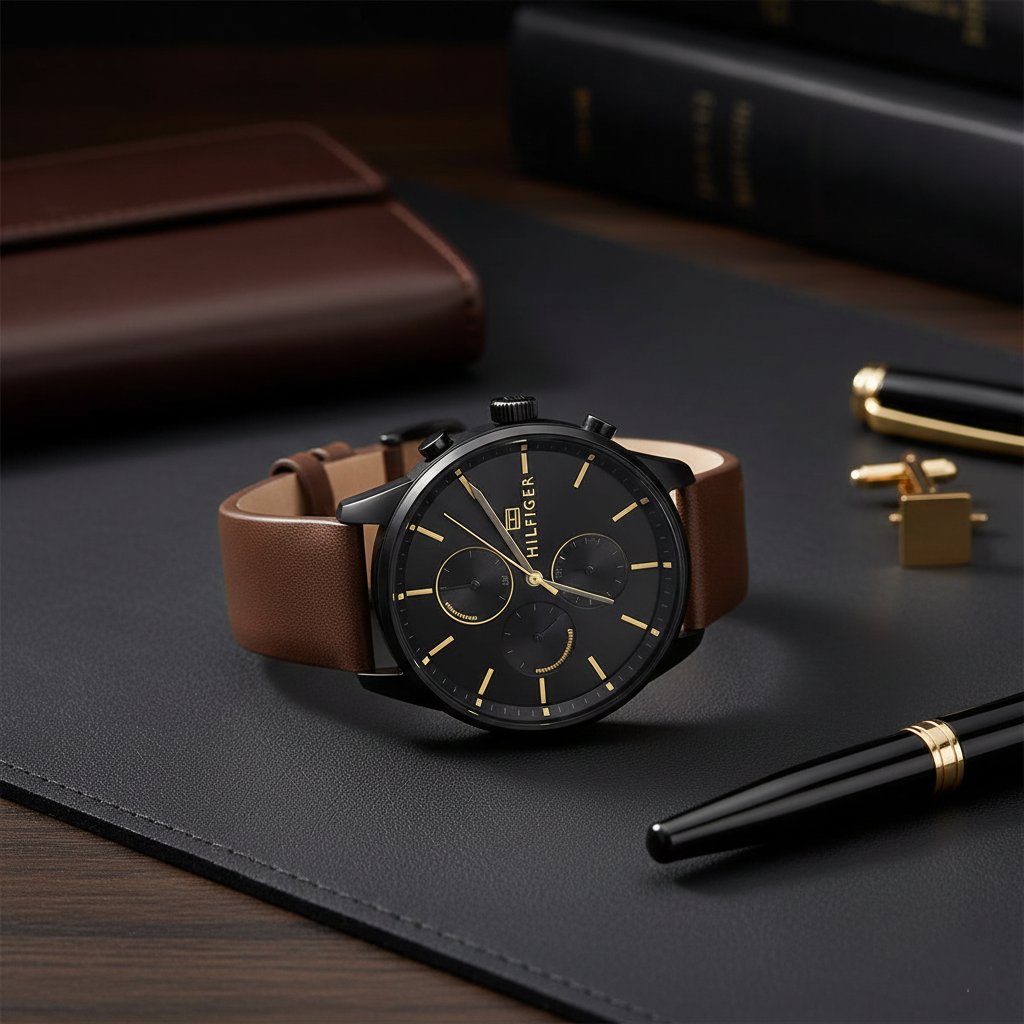 Tommy Hilfiger Chase 1791977 Men’s Black Dial Brown Leather Multi-Function Watch