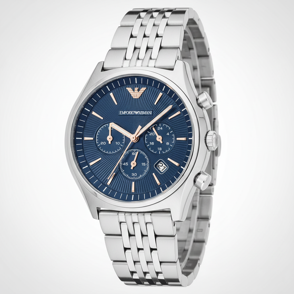 Emporio Armani AR1974 Men’s Blue Dial Stainless Steel Zeta Chronograph Watch - Luxury Hub Store