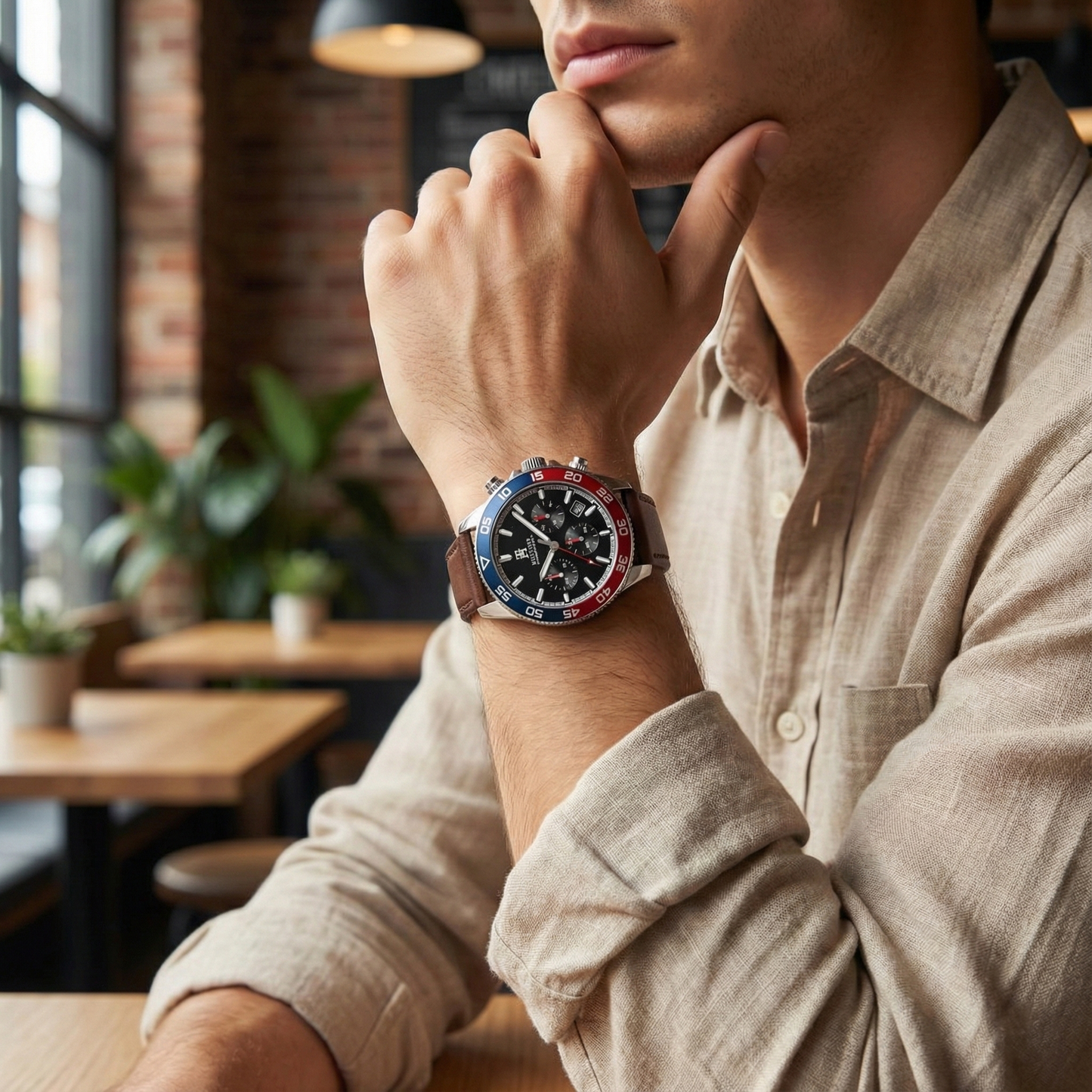 Tommy Hilfiger 1792166 Men’s Chronograph Watch – Black Dial, Pepsi Bezel & Brown Leather Strap