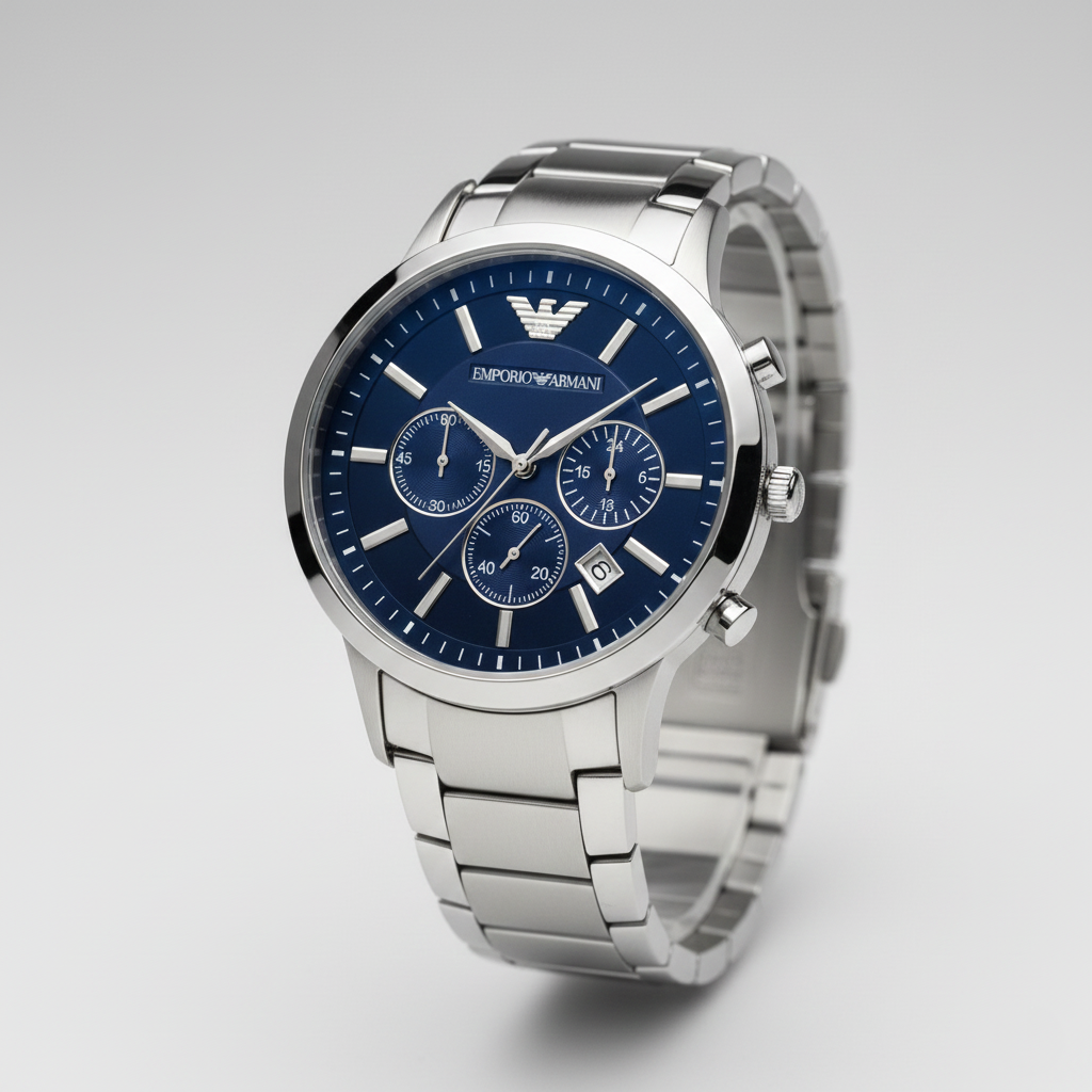 Emporio Armani AR2448 Men’s Blue Dial Stainless Steel Renato Chronograph Watch - Luxury Hub Store