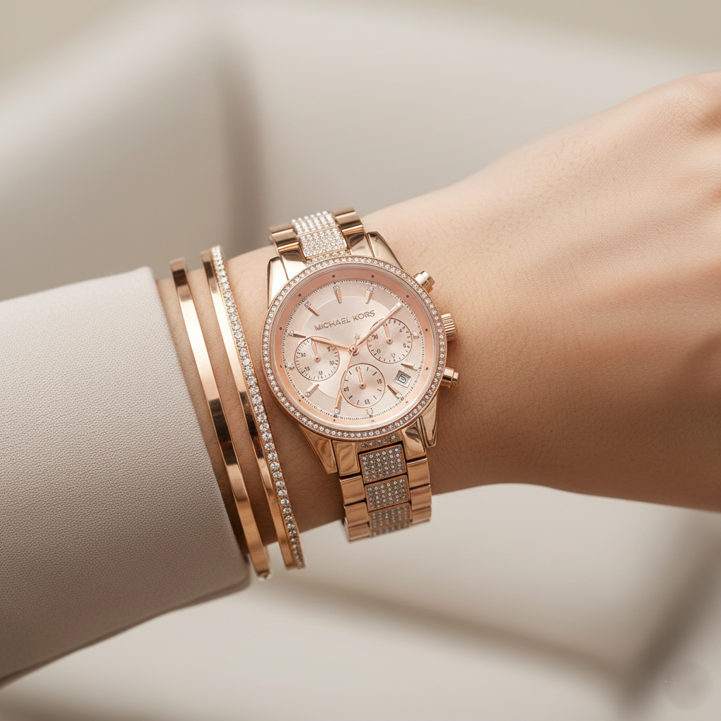 Michael Kors MK6485 Ritz Women’s Rose Gold Dial Rose Gold Stainless Steel Chronograph Watch - Luxury Hub Store