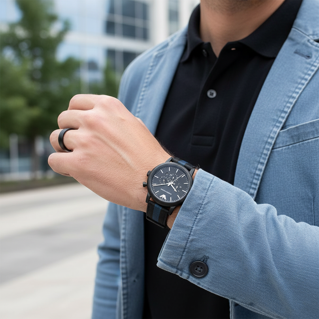 Lifestyle of Armani AR1948 watch showing nylon strap texture and shirt cuff