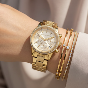 Michael Kors MK6597 Ritz Women’s Gold Dial Gold Stainless Steel Chronograph Watch - Luxury Hub Store