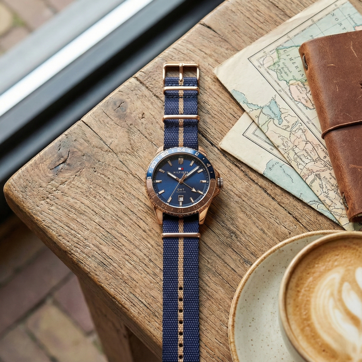 Tommy Hilfiger 1792130 Men’s GMT Watch – Blue Dial, Rose Gold Case & Navy Fabric Strap (200M Water Resistant)