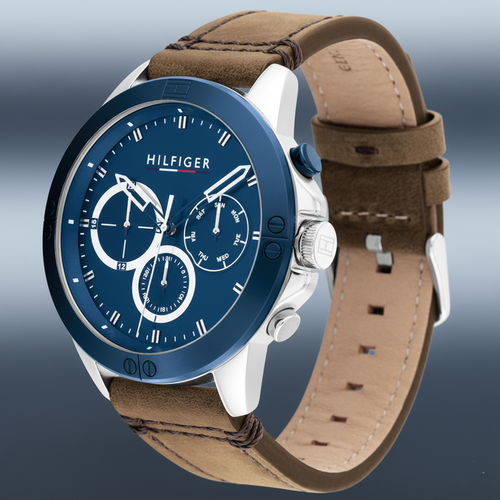 Tommy Hilfiger Harley 1791895 Men’s Blue Dial Brown Leather Multi-Function Watch - Luxury Hub Store