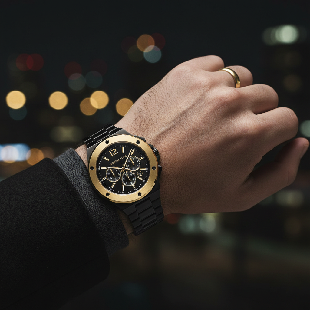 Michael Kors MK8941 Men’s Black Dial Black Gold Stainless Steel Lennox Chronograph Watch - Luxury Hub Store