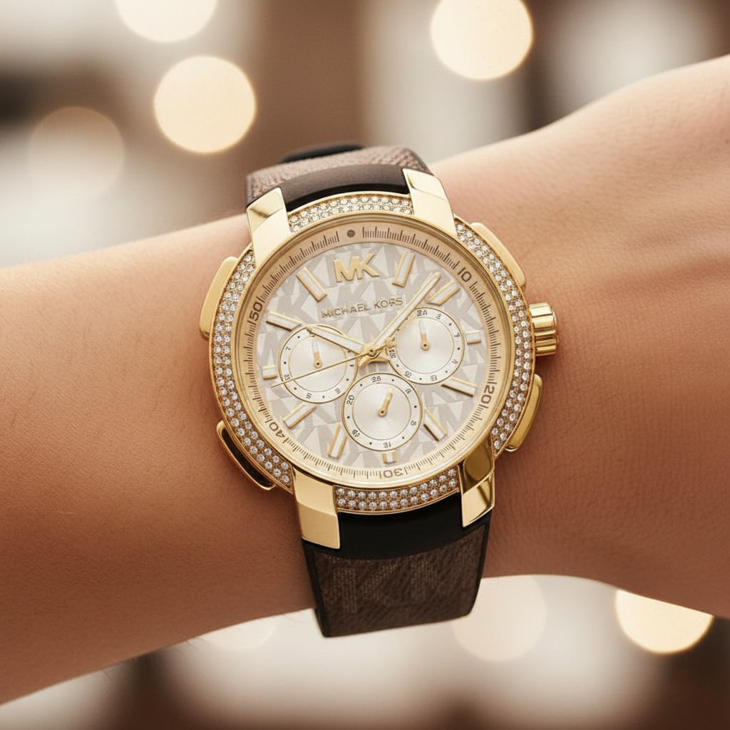 Michael Kors Sidney MK6948 Women’s Gold Dial Brown Logo Strap Multi-Function Watch