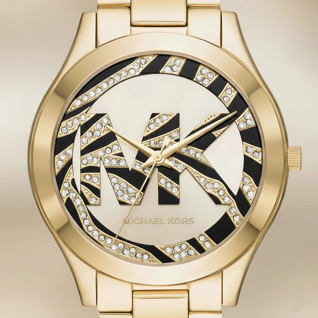 Michael Kors MK4561 Slim Runway Women’s Gold Crystal Logo Dial Stainless Steel Watch - Luxury Hub Store