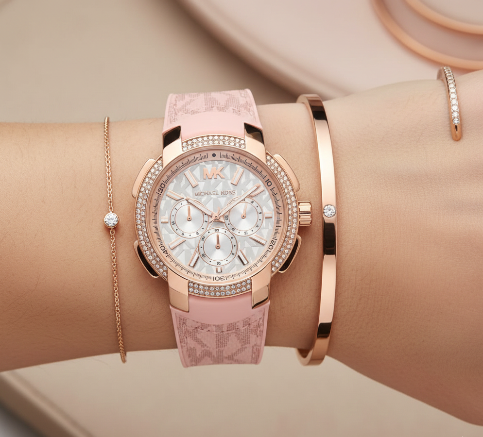 Michael Kors MK7222 Women’s White Dial Pink Logo Strap Rose Gold Multi-Function Watch - Luxury Hub Store