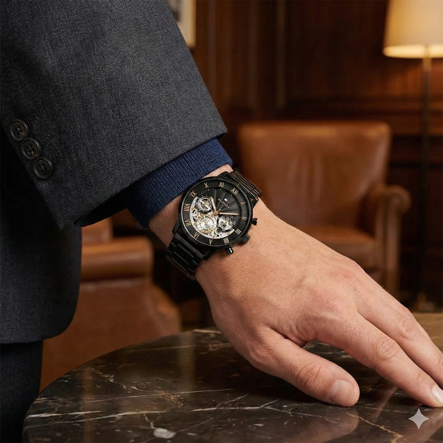 Tommy Hilfiger 1710706 Men’s Multi-Function Watch – Black & Gold Dial with Black Stainless-Steel Bracelet