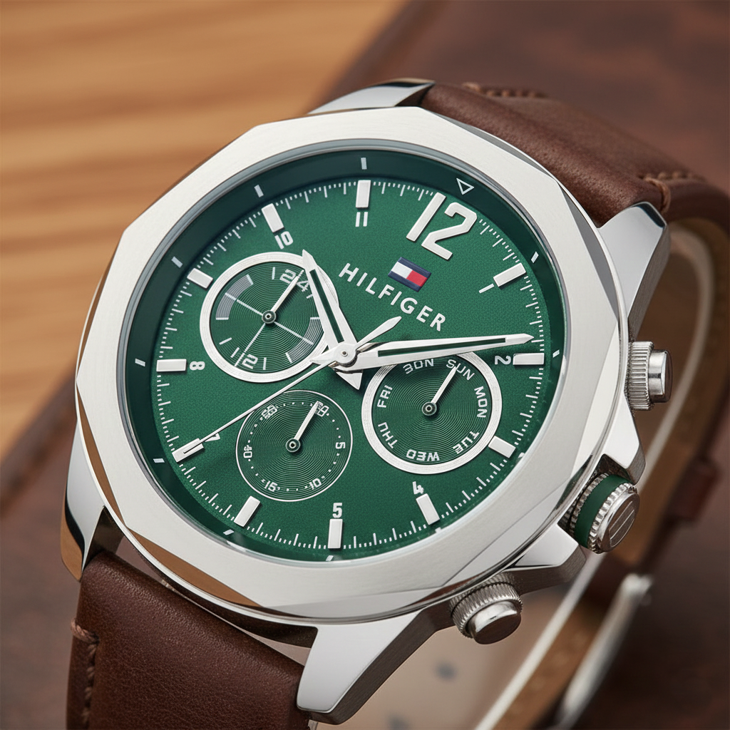 Tommy Hilfiger Men's Multi-Function Watch – Model 1792064 – Green Dial – Brown Leather Strap - Luxury Hub Store