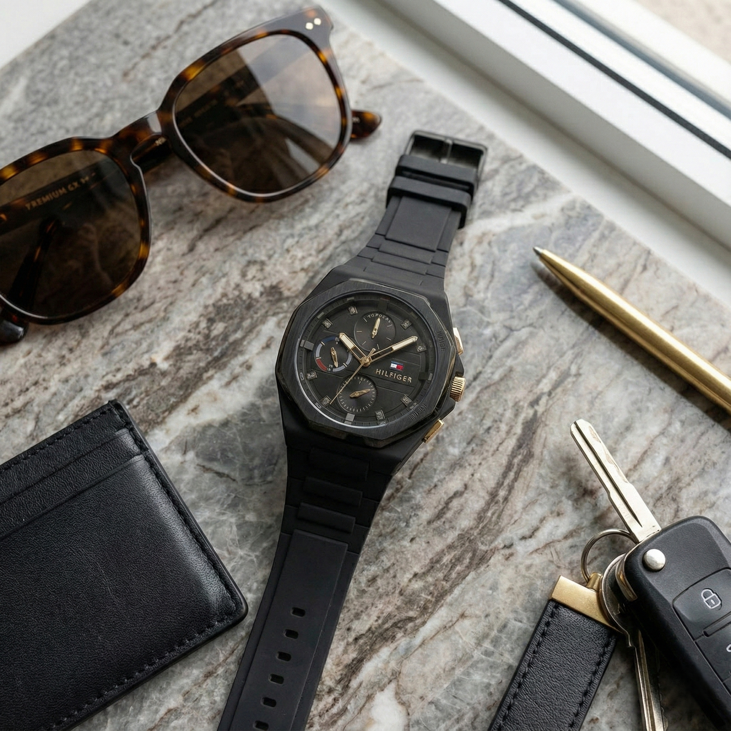 Tommy Hilfiger 1792120 Men’s Multi-Function Watch – Black Dial & Black Silicone Strap (Gold Accents – NEO Edition)