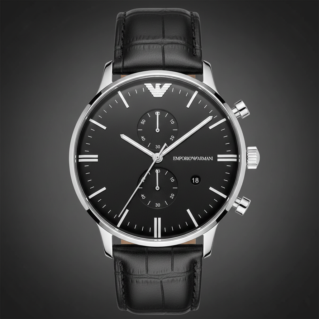 Emporio Armani AR0397 Men’s Black Dial Black Leather Chronograph Watch - Luxury Hub Store